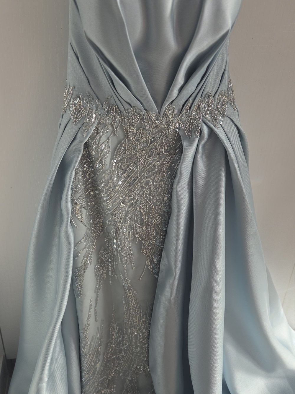 MNM Couture Strapless Ice Blue Embellished Gown with Draped Overskirt - Picture 3 of 5